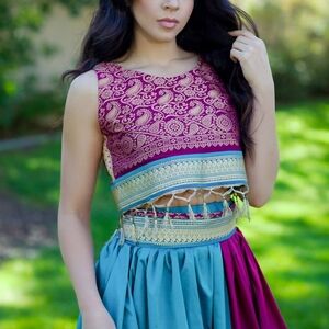 Elegant Magenta/Turquoise/ Gold Skirt Set